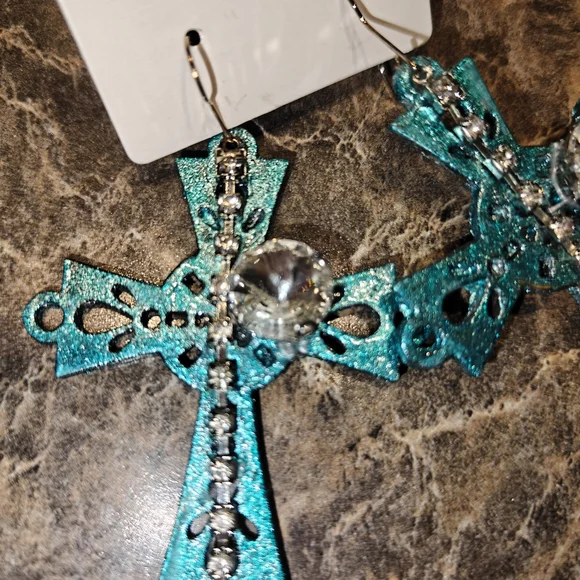 Handmade Teal Cross Earrings with Rhinestones - Picture 3 of 4